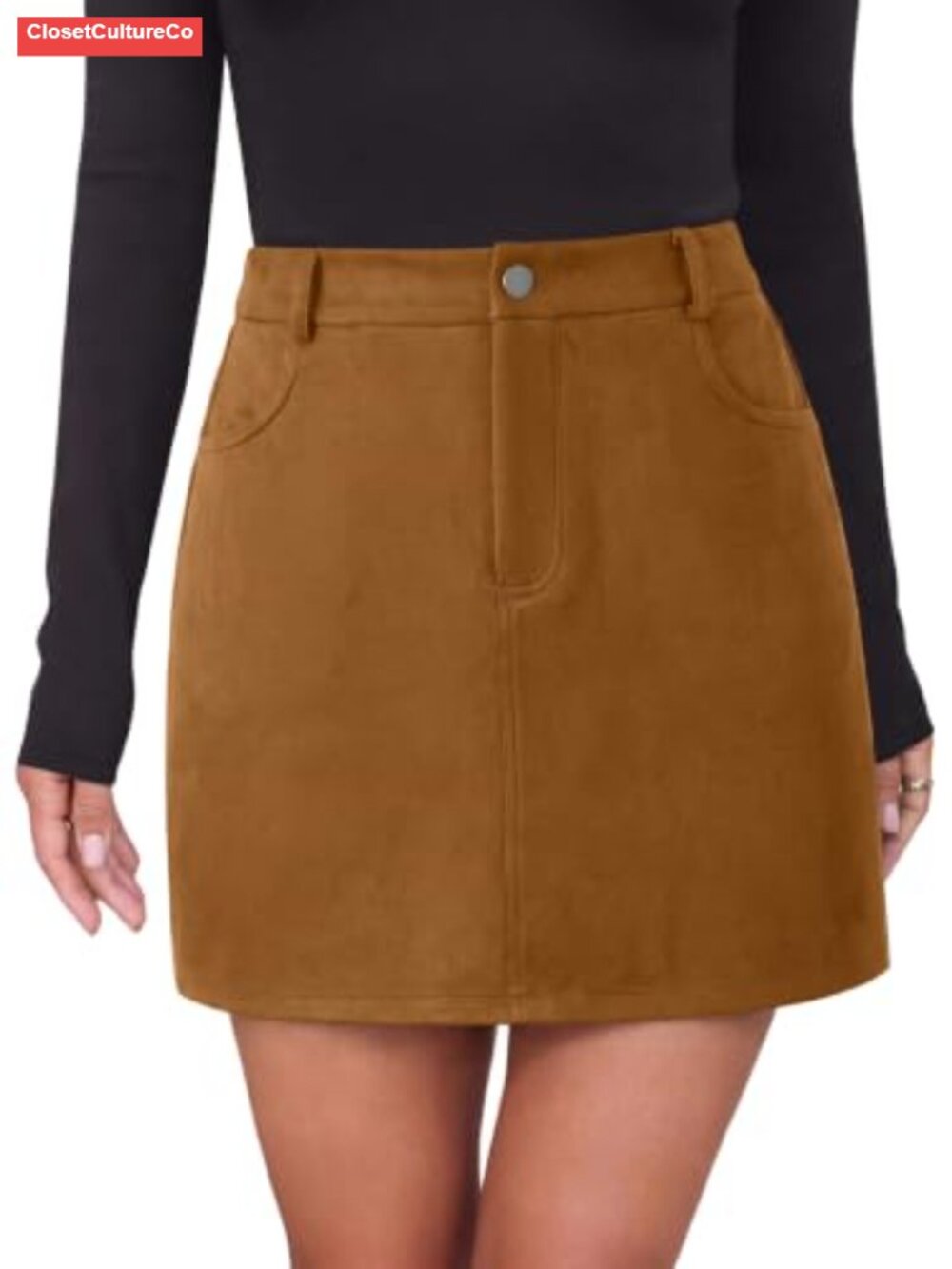 Faux Suede Mini Pencil Skirt High Waist Side Pockets A-Line